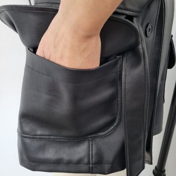 Outer Edge Faux Leather Trench Coat – Early 2000s Y2K Belted Jacket - Picture 8 of 12